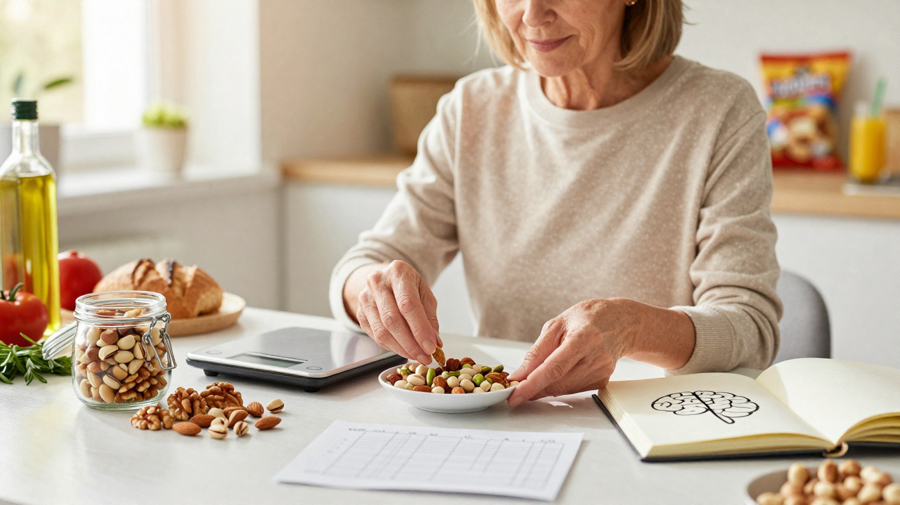Frau sitzt am Tisch, isst Nüsse, neben ihr liegen Ernährungstagebuch, Waage und gesunde Lebensmittel.