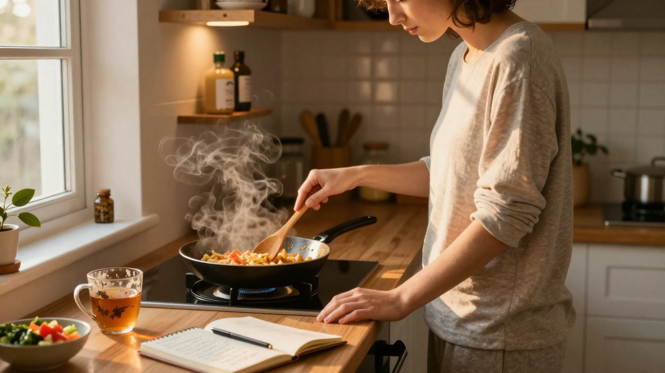 Frau kocht dampfendes Gericht in Pfanne und liest Rezept aus geöffnetem Kochbuch in gemütlicher Küche.