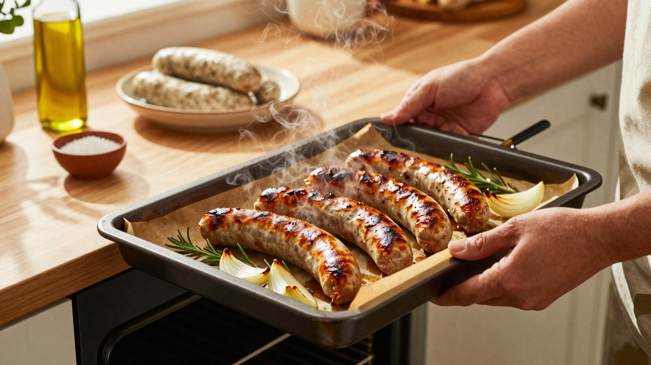 Person hält ein Blech mit frisch gegrillten Bratwürsten, Zwiebeln und Rosmarin über dem Backofen.