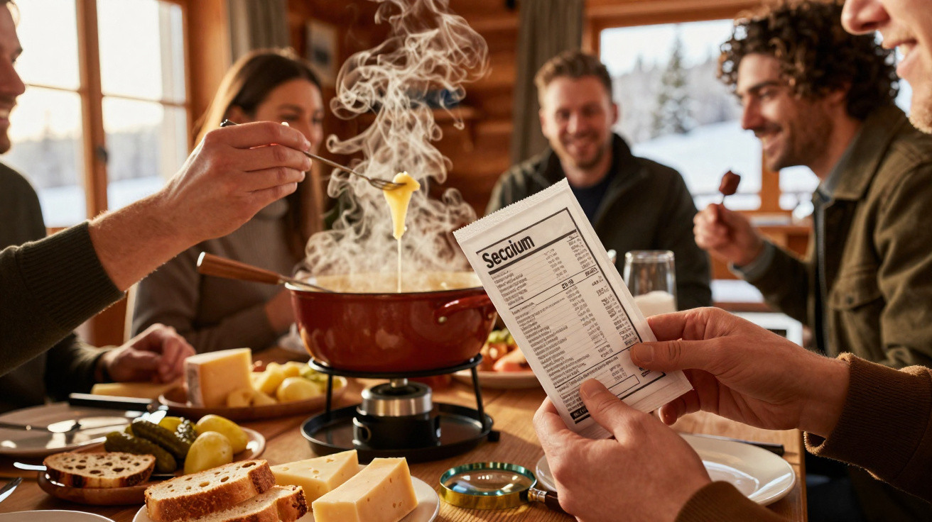 Gruppe von Freunden genießt gemütliches Käsefondue in rustikalem Holzzimmer bei Tageslicht.