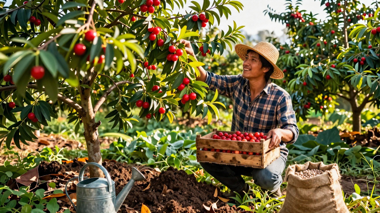 Mann mit Strohhut erntet rote Früchte von Baum, neben Gießkanne und Jutesack in sonnigem Garten.