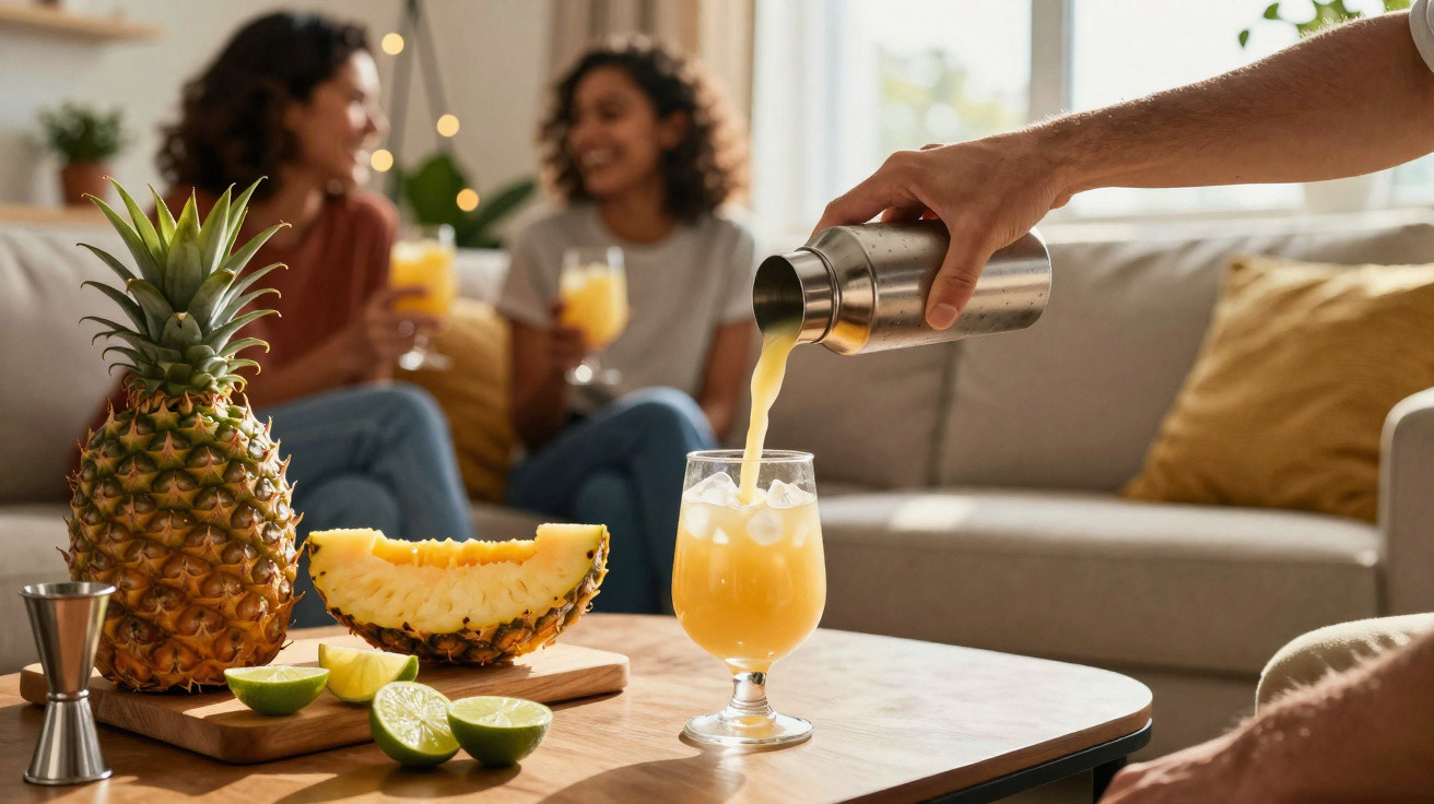 Hand gießt Ananascocktail in Glas mit Eis, im Hintergrund zwei Frauen, die fröhlich Orangensaft trinken.