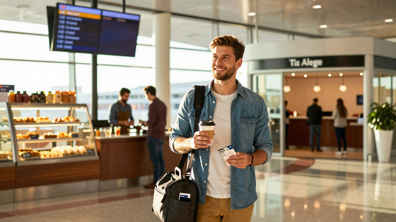 Junger Mann mit Tasche, Kaffee und Flugticket wartet entspannt im hellen Flughafenbereich.