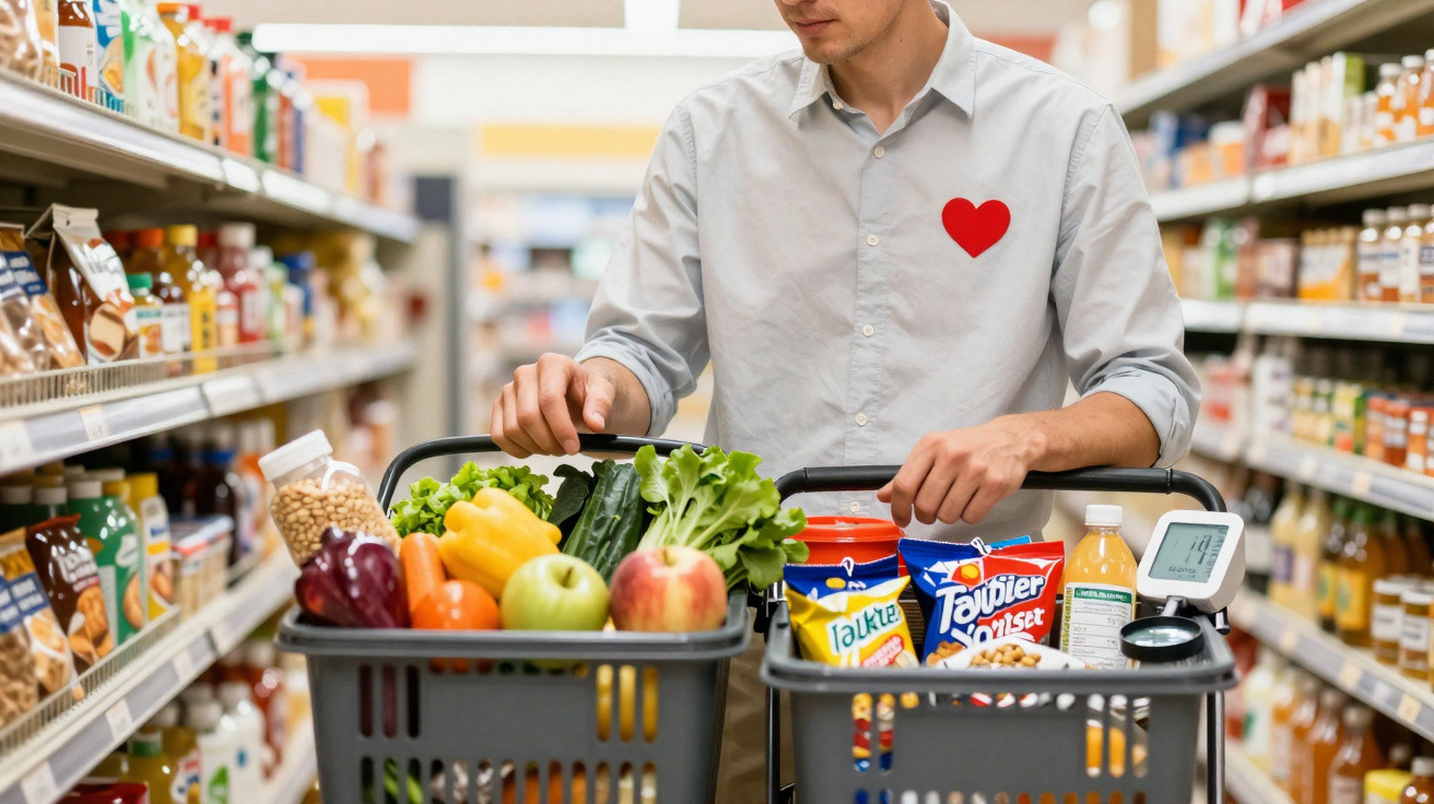 Mann im Supermarkt schiebt Einkaufswagen mit frischem Gemüse, Obst und Snacks durch den Gang.
