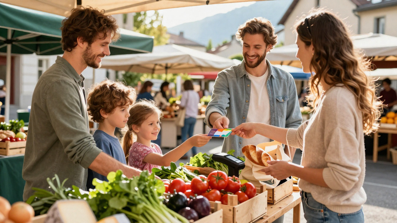 Familie kauft frisches Gemüse am Bauernmarkt, Vater zahlt kontaktlos mit Karte, Kinder schauen zu.