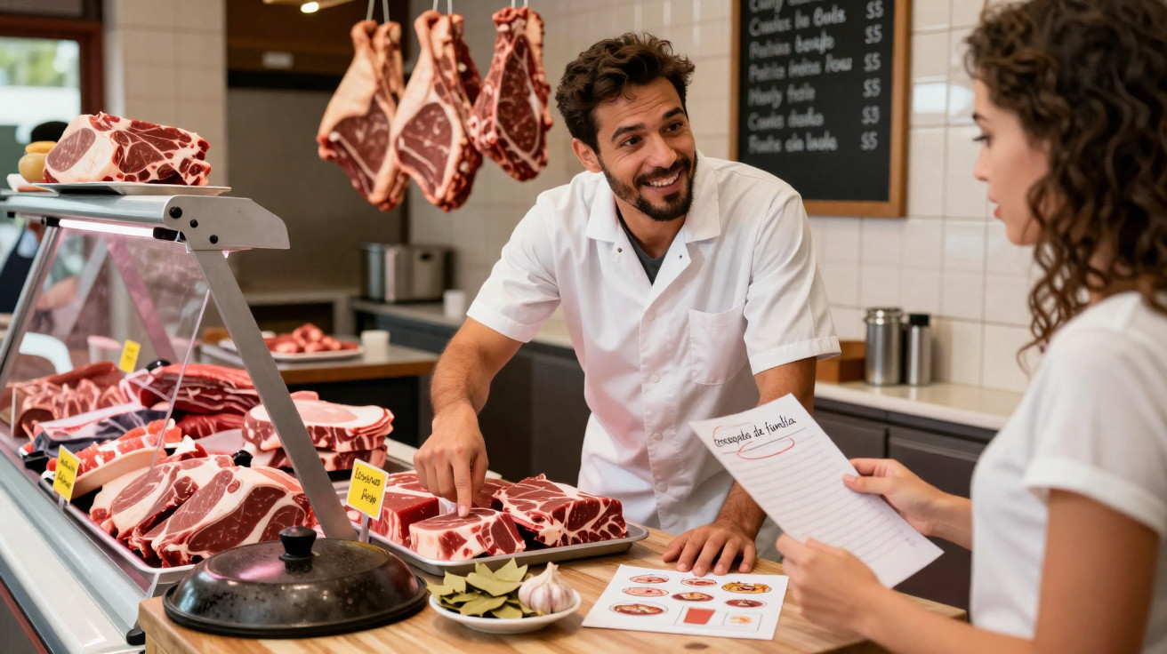 Metzger berät Kundin im Laden, umgeben von frischen Fleischstücken und Tafel mit Preisen.