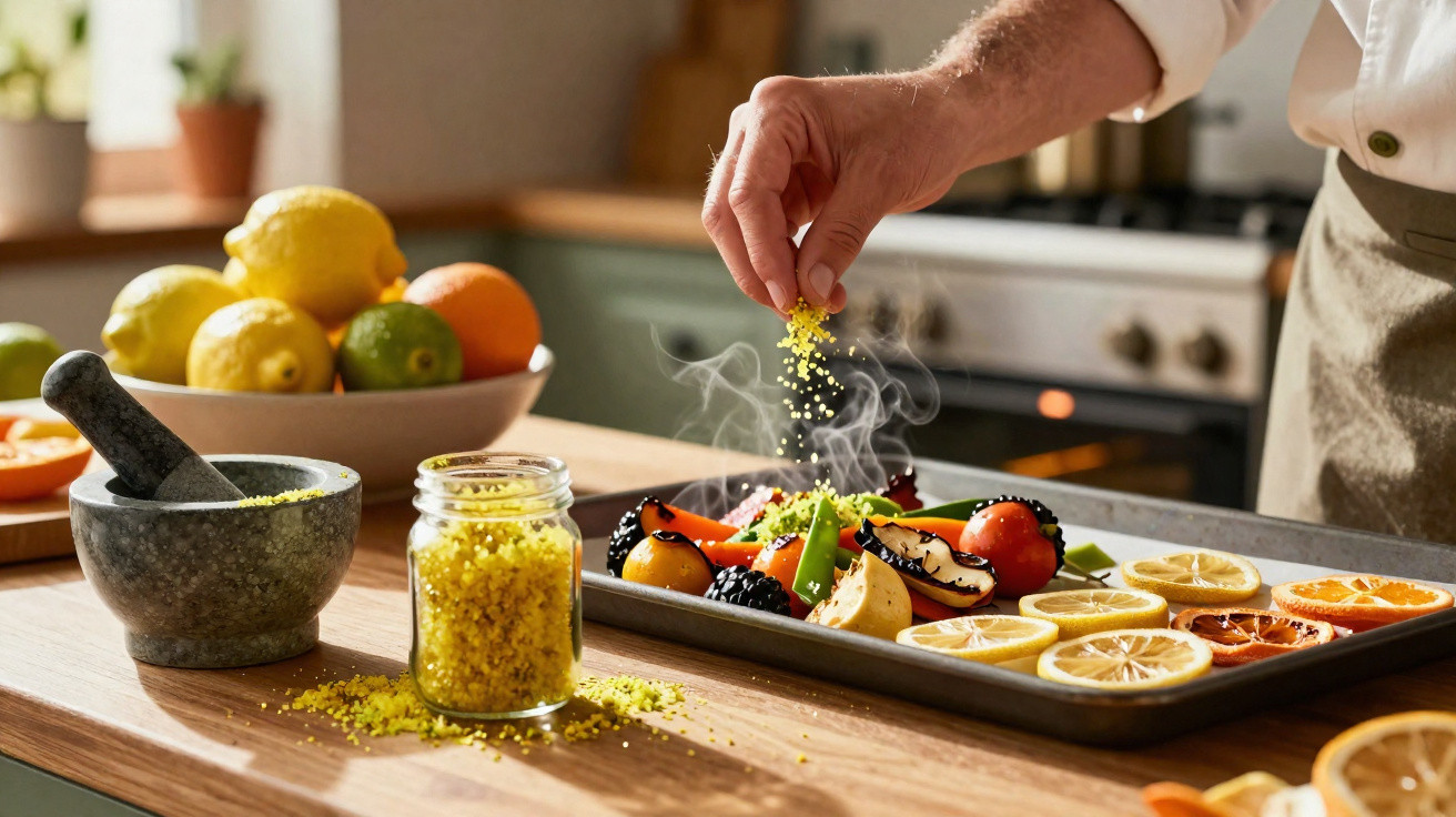Hand streut Gewürz über gebackenes Gemüse auf Backblech in moderner Küche mit Obstschale im Hintergrund.