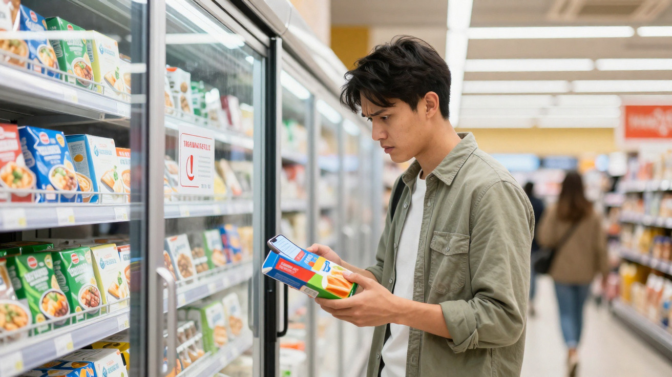 Junger Mann vergleicht Verpackungen bei Tiefkühlkost im Supermarktgang.