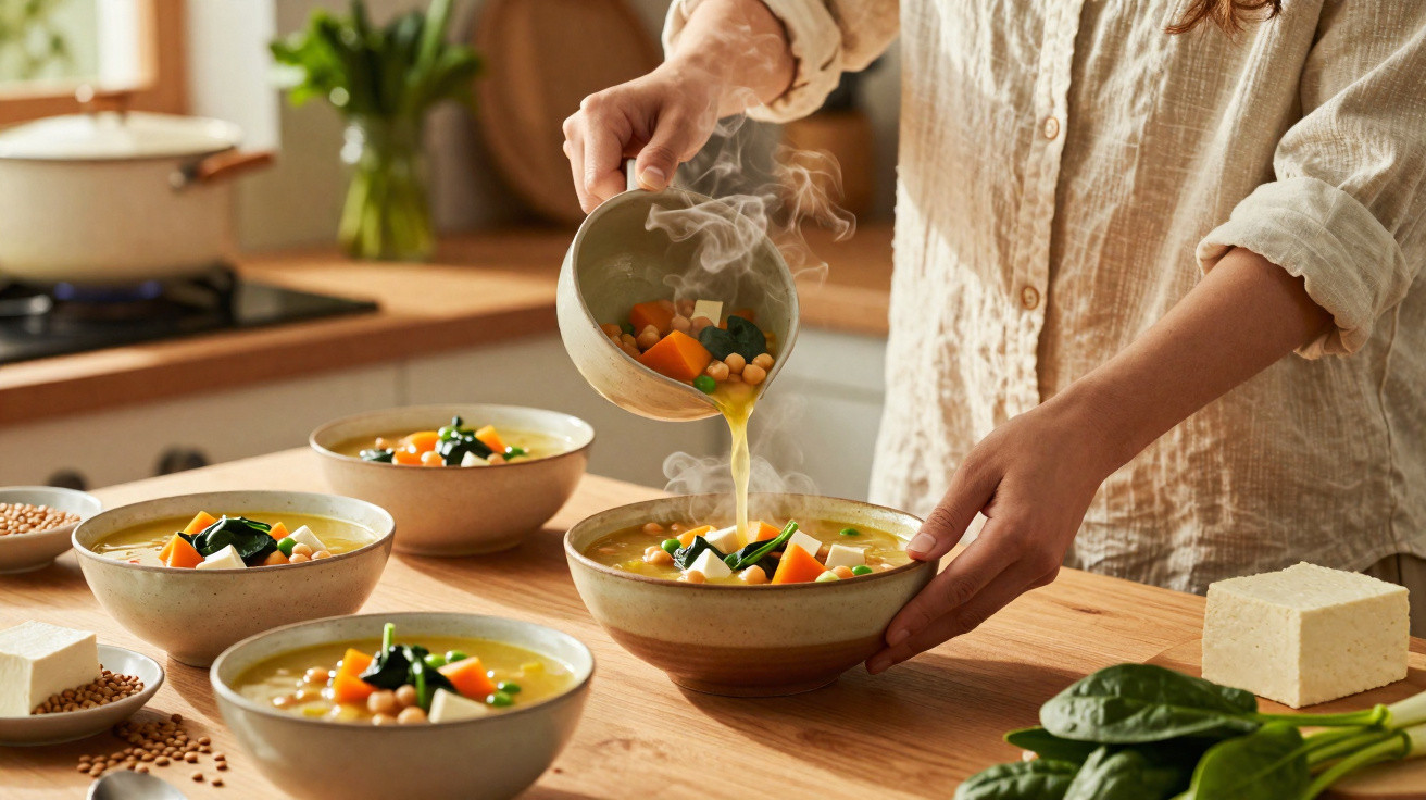 Heiße Gemüsesuppe mit Kichererbsen, Karotten und Spinat wird in Schüsseln auf einem Holztisch serviert.