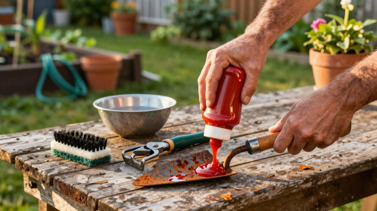 Hände geben rote Soße auf Rostfleck auf Gartenschaufel, daneben Gartengeräte auf altem Holztisch.