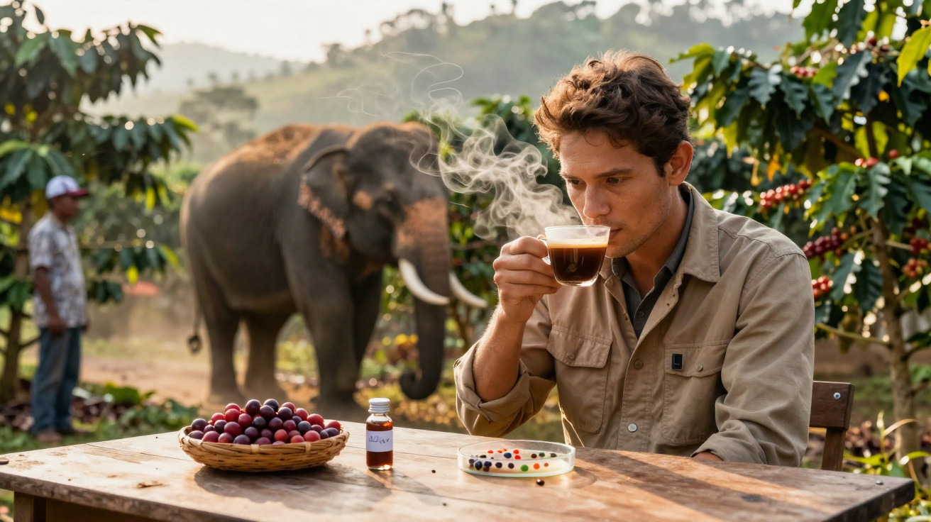 Mann trinkt Kaffee an Holztisch mit Kaffeekirschen, kleiner Flasche und Elefant im Hintergrund auf Farm.