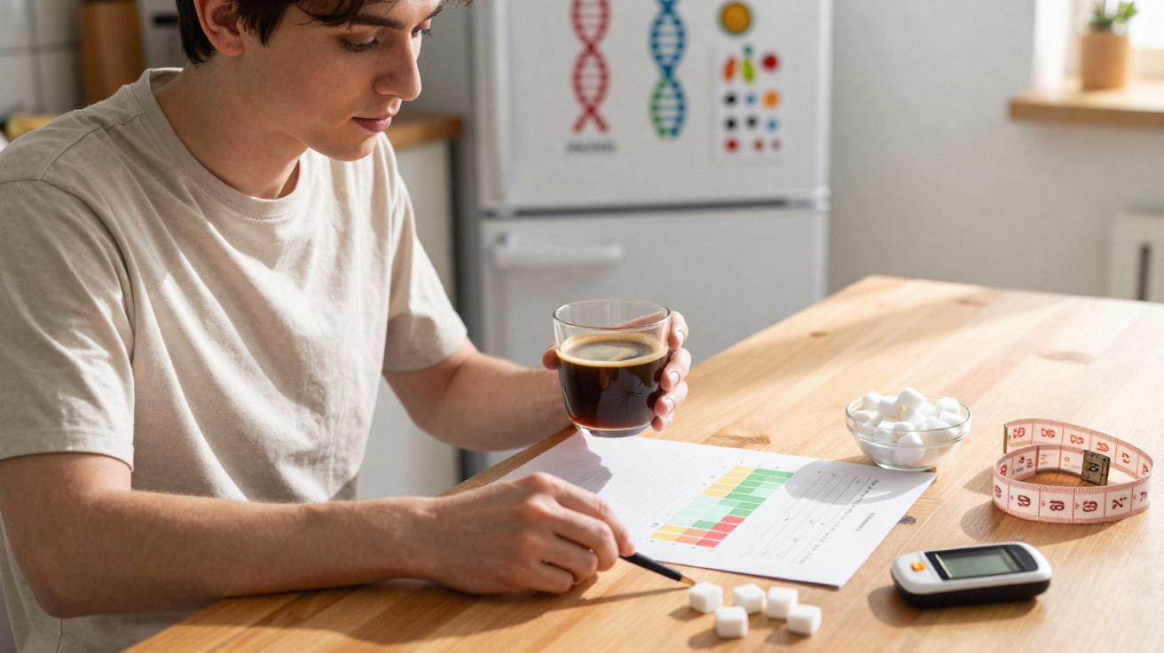 Junger Mann sitzt am Tisch mit Zuckerwürfeln, Blutzuckermessgerät, Glas Kaffee und Auswertungstabellen.
