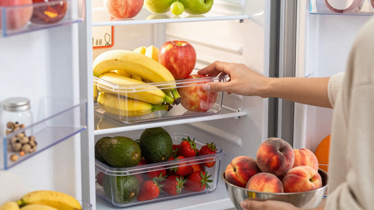 Offener Kühlschrank mit verschiedenen Früchten, Hand legt Apfel in Obstbehälter.