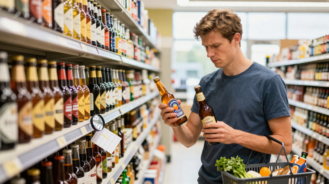 Mann vergleicht zwei Bierflaschen im Getränke-Regal eines gut sortierten Supermarkts mit Einkaufskorb.