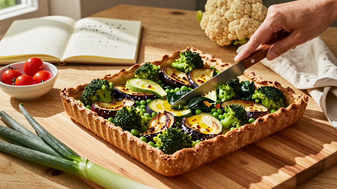 Gemüse-Quiche mit Brokkoli, Erbsen und Zucchinischeiben, die mit einem Messer geschnitten wird.