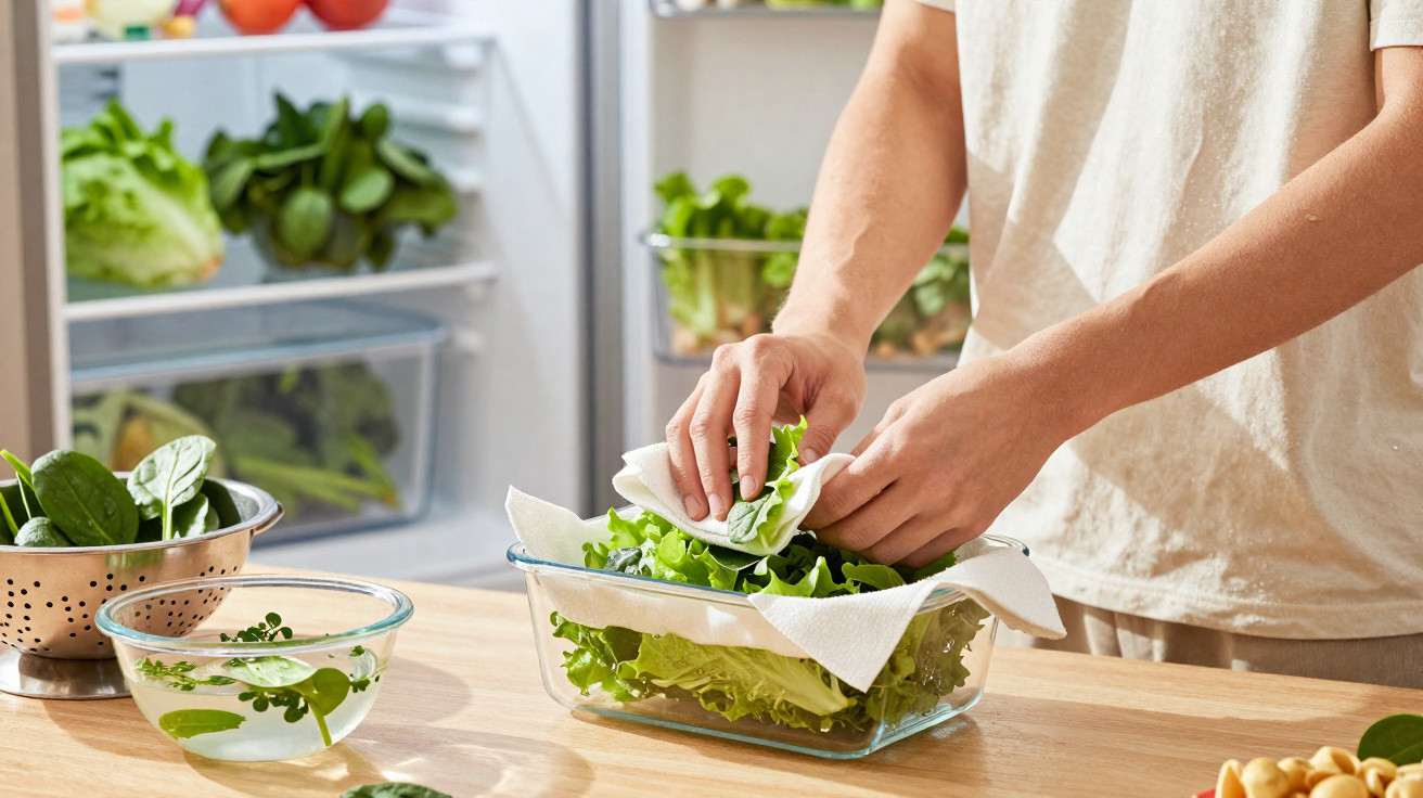 Person tupft frischen Salat mit Küchenpapier in einer Küche vor offenem Kühlschrank ab.