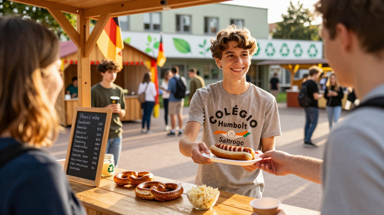 Jugendlicher verkauft beim Schulfest Würstl mit Semmel und Brezen an einen Mitschüler im Freien.