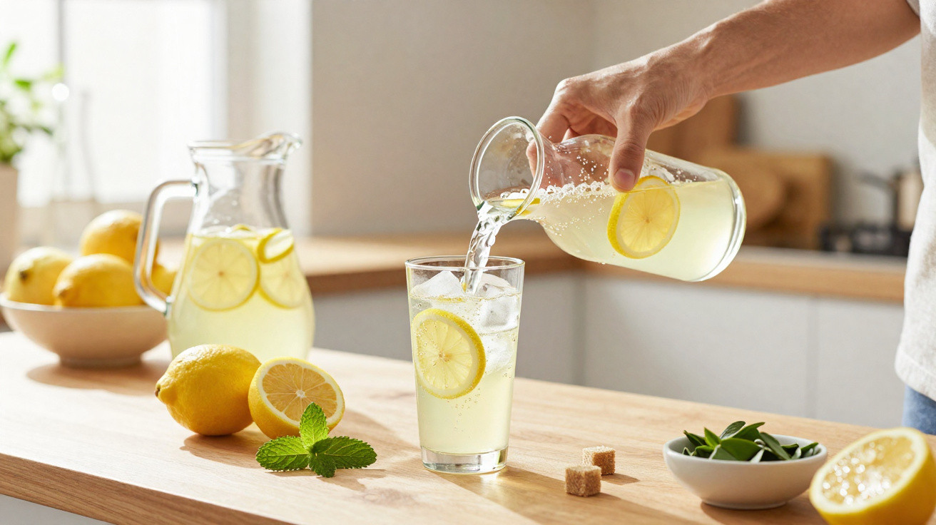 Hand gießt Zitronenlimonade mit Eiswürfeln in Glas, Zitronen und Minze auf Holztisch in Küche