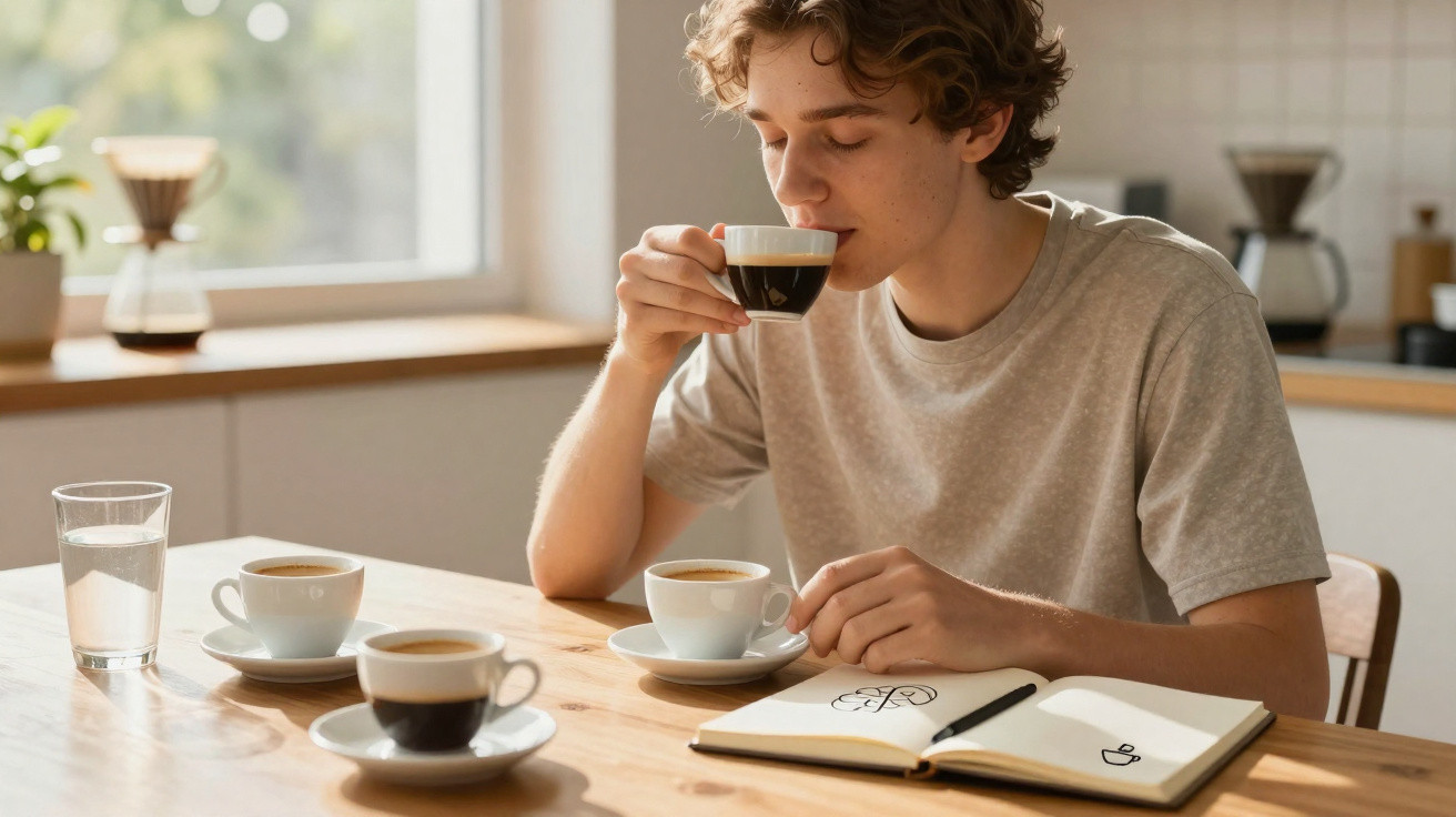 Junger Mann trinkt Kaffee in der Küche, umgeben von drei Kaffeetassen und einem geöffneten Notizbuch.