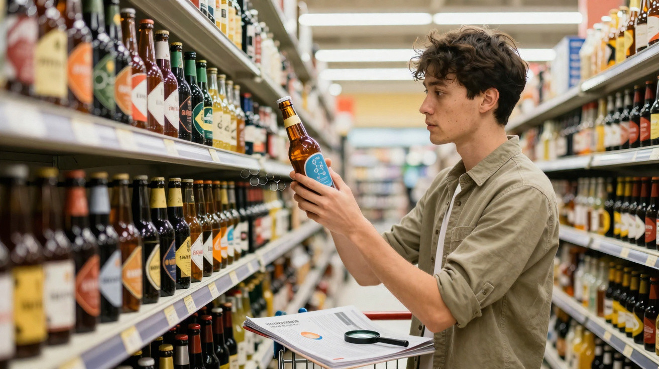 Junger Mann wählt Bierflasche im Supermarkt mit Einkaufswagen und Notizblock.