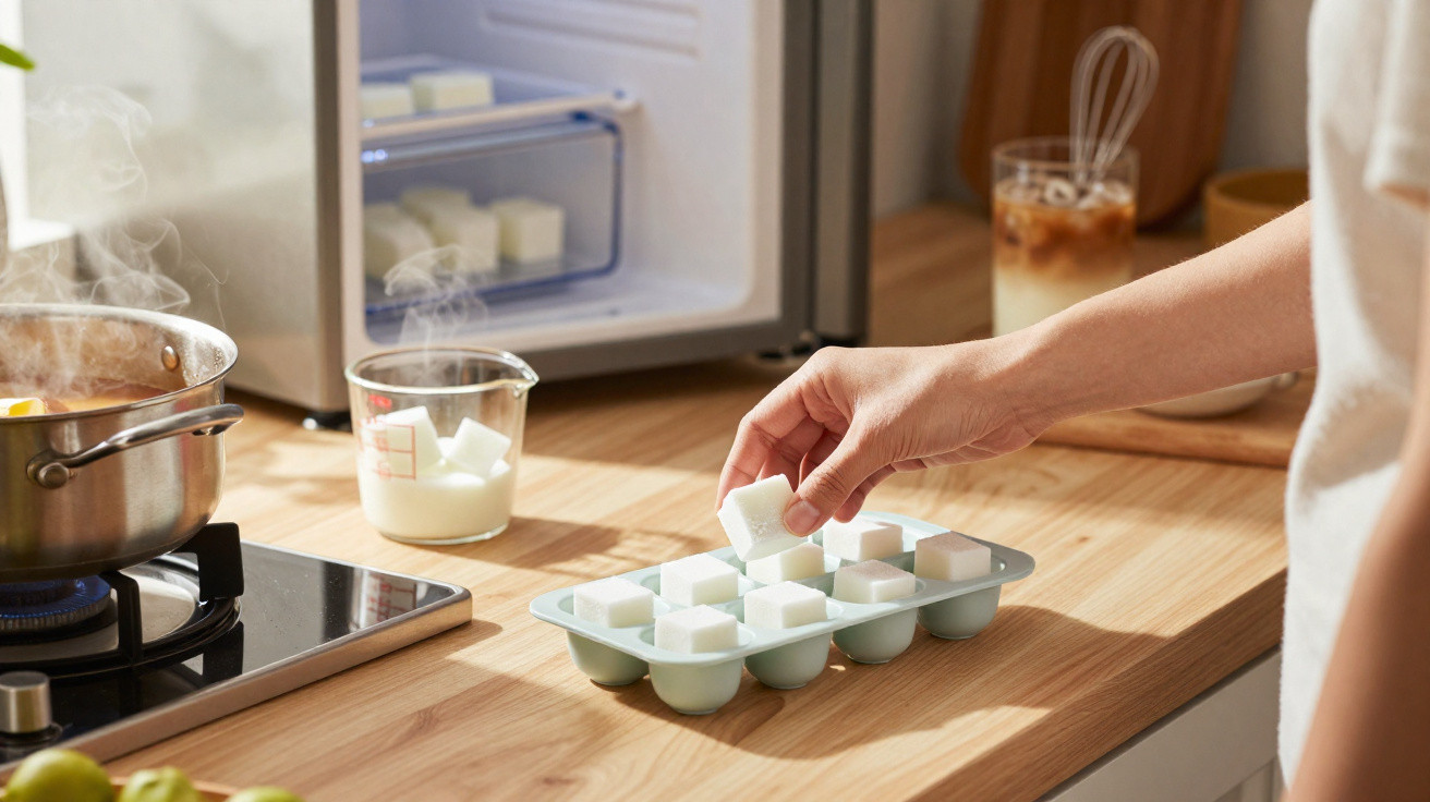 Hand legt Zuckerwürfel in Eiswürfelform auf Küchentisch neben kochendem Topf und Glas Milch.