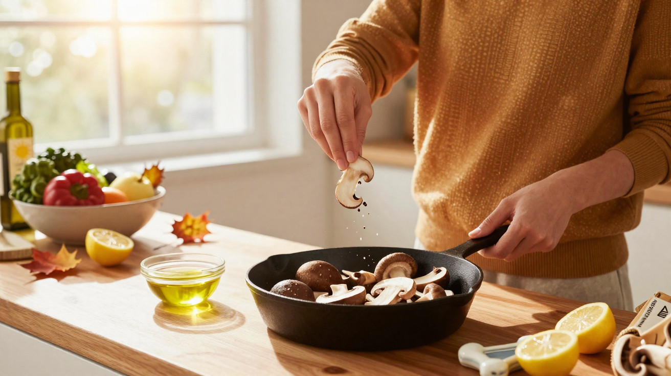 Person würzt Champignons in einer Pfanne in einer hellen Küche mit frischem Gemüse im Hintergrund.