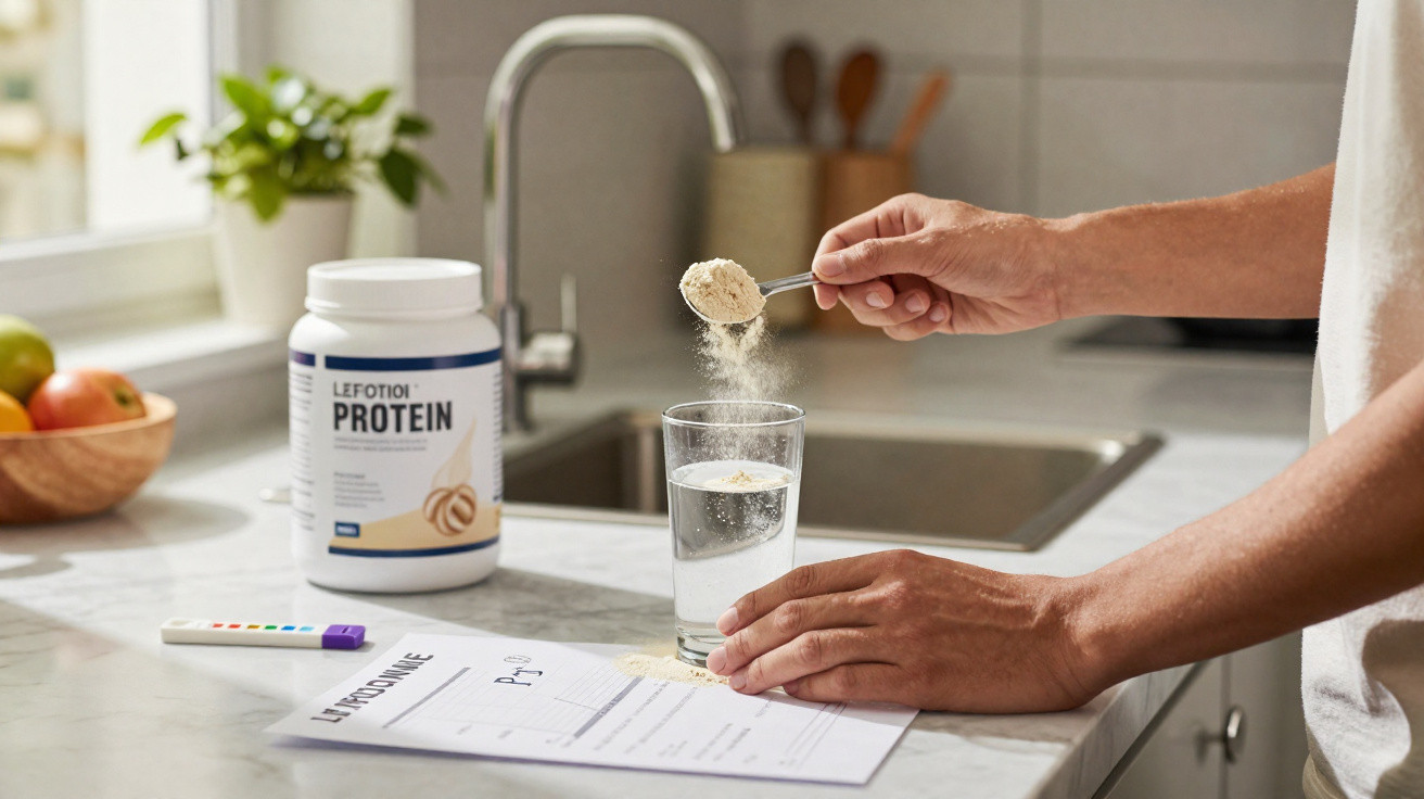 Hand streut Proteinpulver in Glas mit Wasser in Küche, Messlöffel, Proteinbehälter und Laborbericht auf Tisch