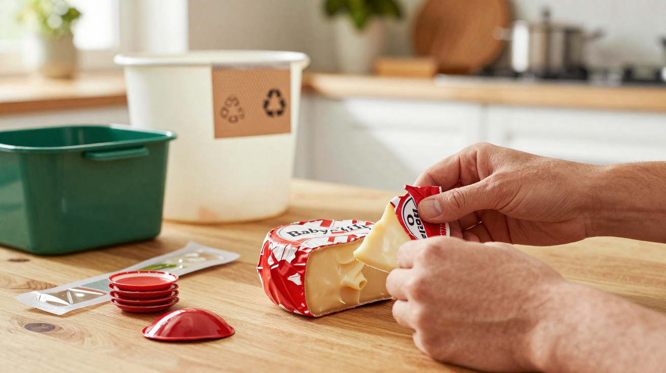 Person entfernt Verpackung von Babybel-Käse auf Holztisch in moderner Küche.