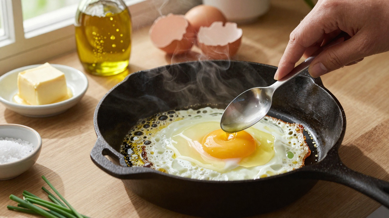 Hand rührt mit Löffel Spiegelei in gusseiserner Pfanne, umgeben von Butter, Öl und Eierschalen.