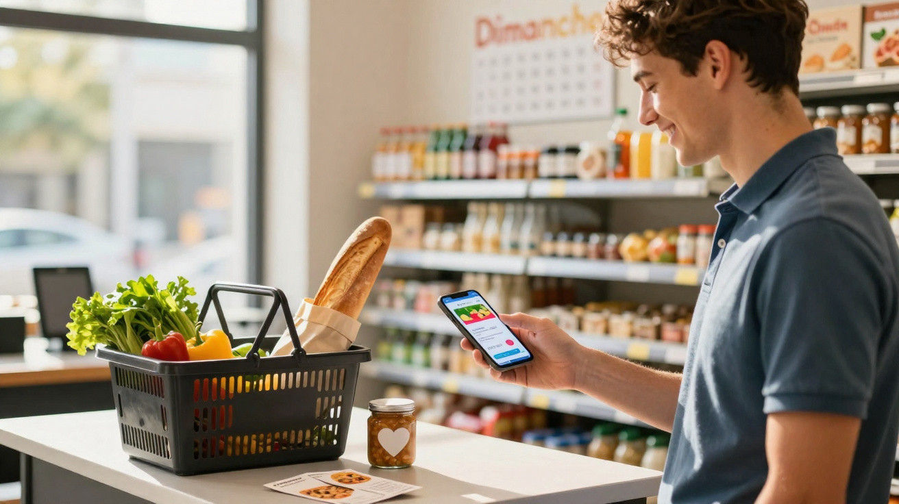 Junger Mann mit Einkaufskorb voll frischem Gemüse und Baguette nutzt Smartphone im Lebensmittelgeschäft.