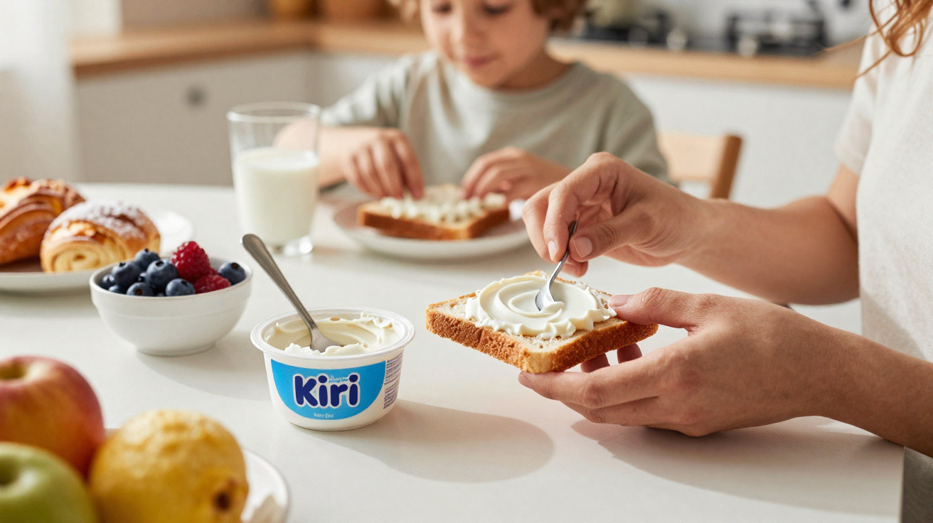 Person streicht Frischkäse auf Toast, Kind isst im Hintergrund, Frühstück mit Obst, Croissants und Milch.