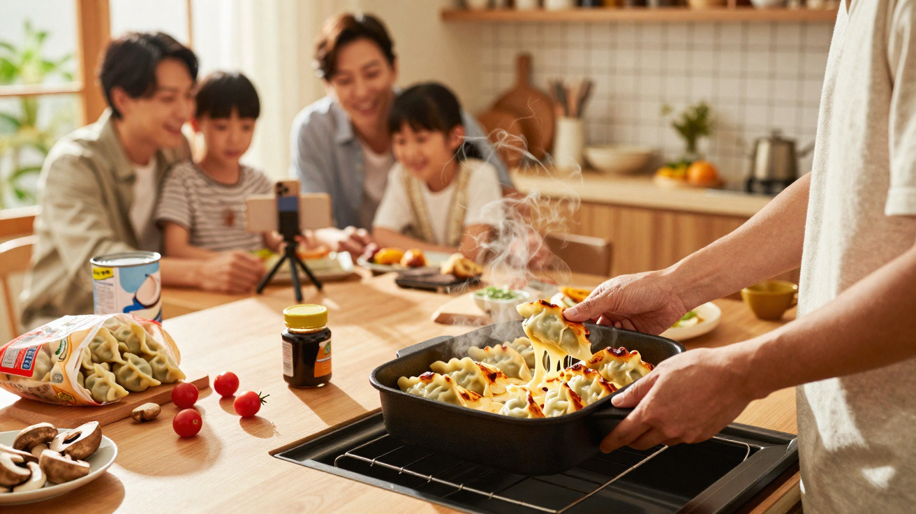 Dampfende, frisch gebackene Maultaschen werden aus dem Ofen geholt, während Familie im Hintergrund lächelt.