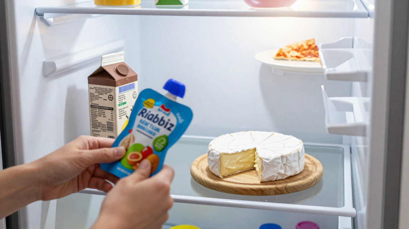 Hand stellt Fruchtsnack in Kühlschrank mit Camembert, Pizza und Getränkekarton.
