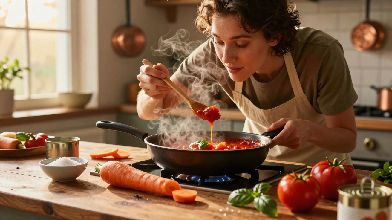 Junge Frau probiert dampfende Tomatensauce in einer gemütlichen Küche mit frischem Gemüse und Kräutern.