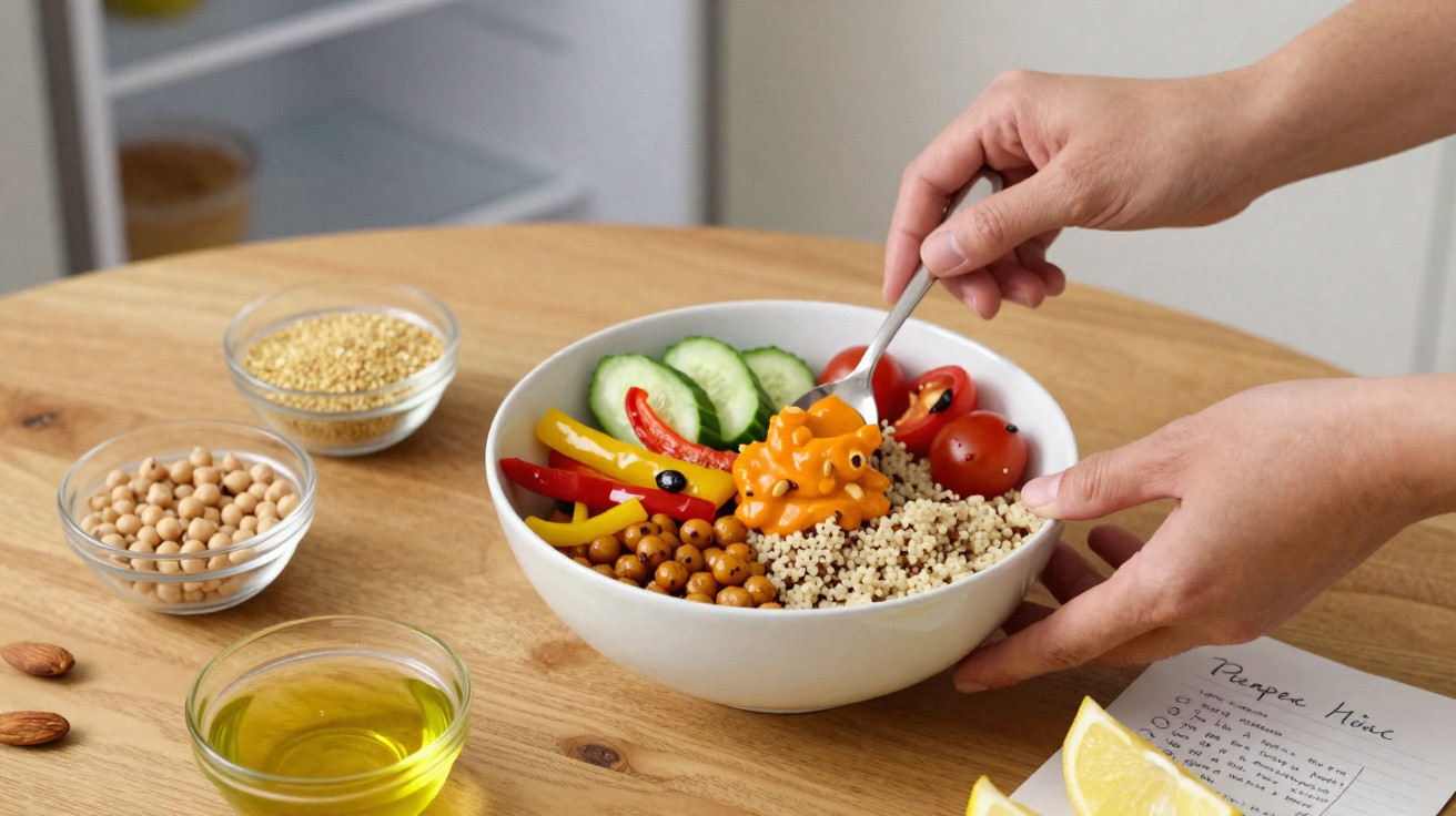 Hand hält Schüssel mit Quinoa, Gemüse und Sauce, daneben Zutaten und ein Rezept auf Holztisch.