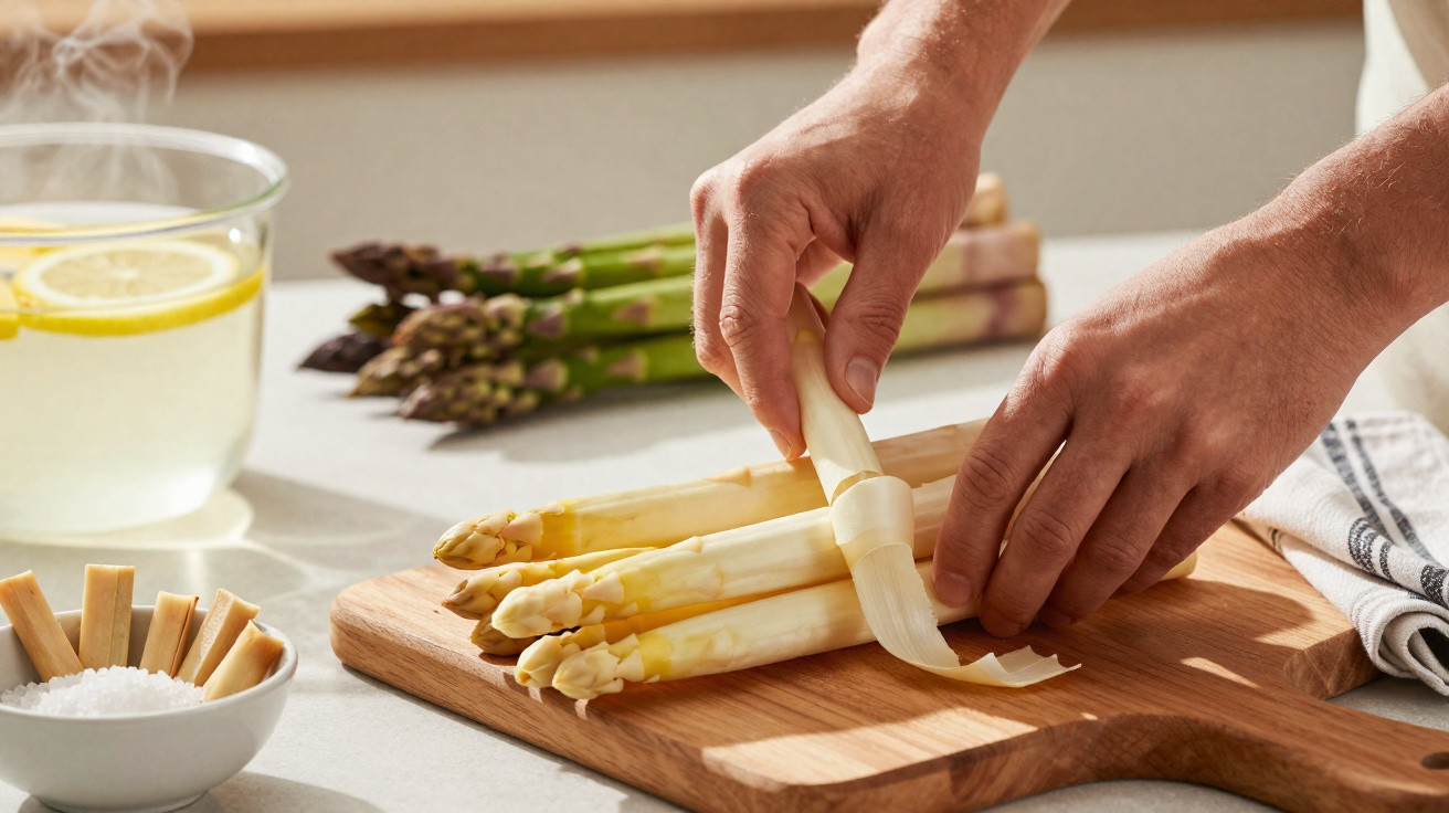 Person schält weißen Spargel auf Holzbrett, daneben grüner Spargel und Zitronenwasser.