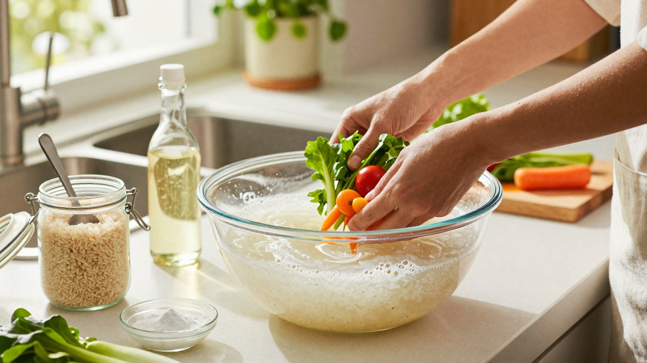 Person wäscht frisches Gemüse in einer Glasschüssel mit Wasser in der Küchenküche.