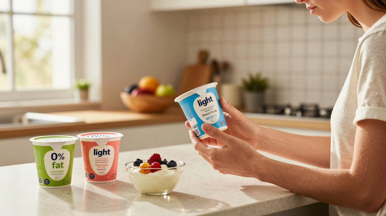 Frau hält Light-Joghurt in der Küche, daneben Joghurtbecher und Schüssel mit frischen Beeren auf der Arbeitsplatte.