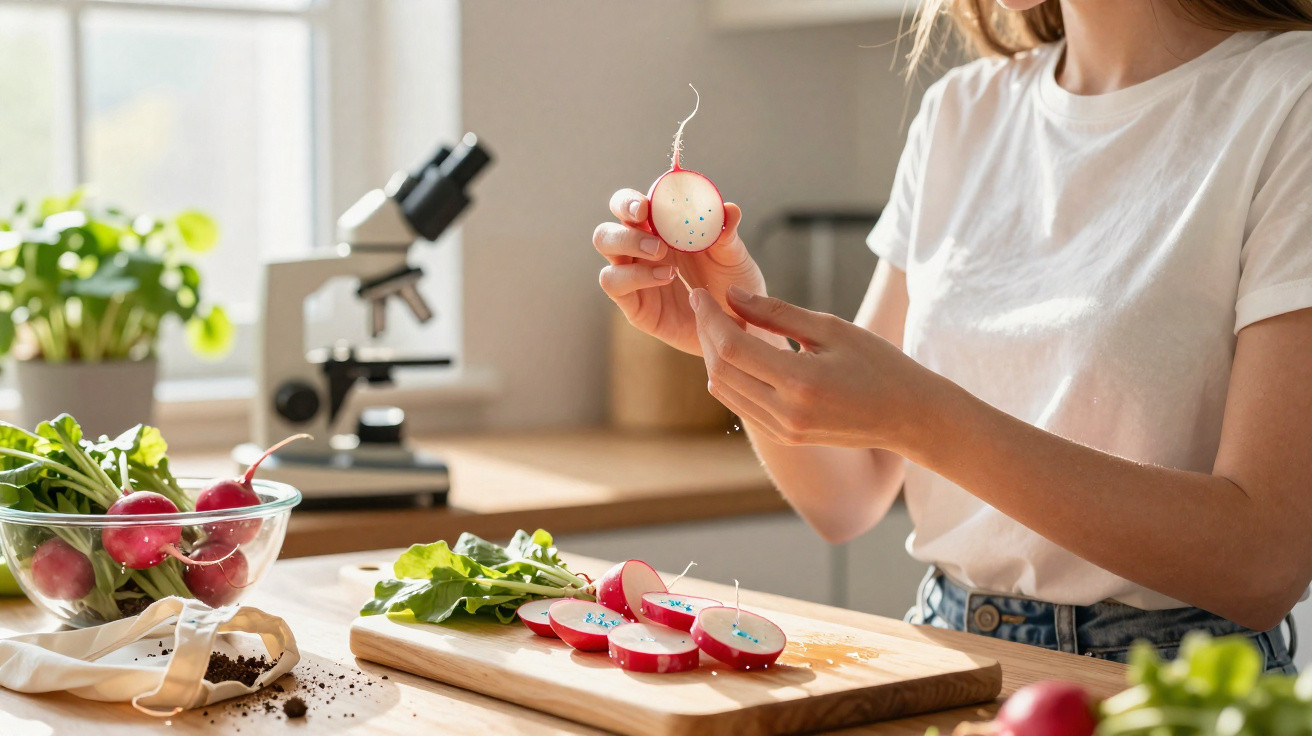 Frau stellt Kerzen in ausgehöhlten Radieschen auf einem Küchenbrett neben frischen Radieschen her.