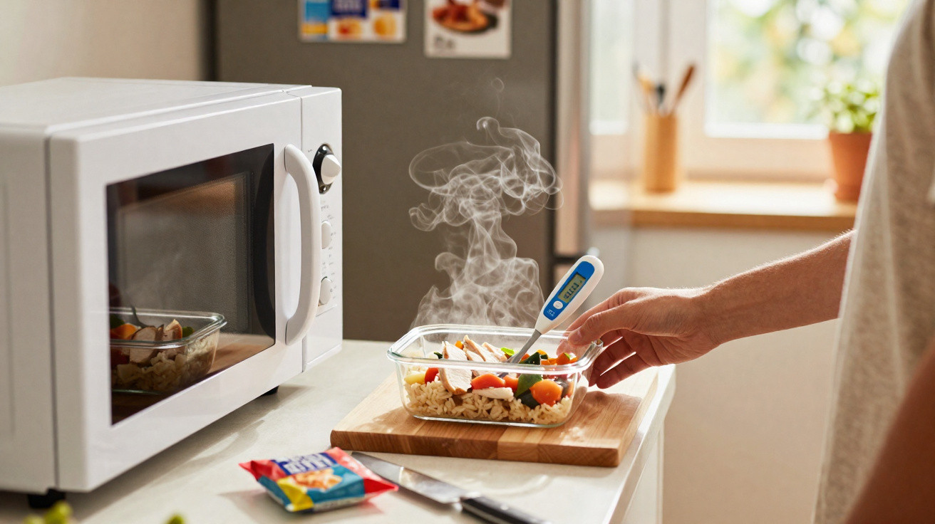 Mikrowelle in Küche, dampfendes Essen in Glasbehälter und Person mit digitalem Thermometer am Essen.