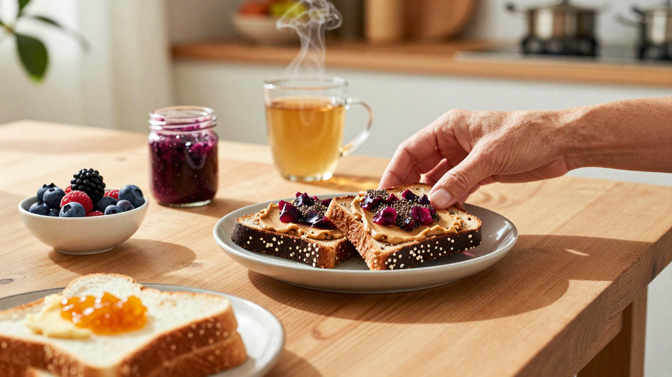 Hand legt mit Beeren und Erdnussbutter belegtes Toast auf Teller, daneben Tee und Marmelade.