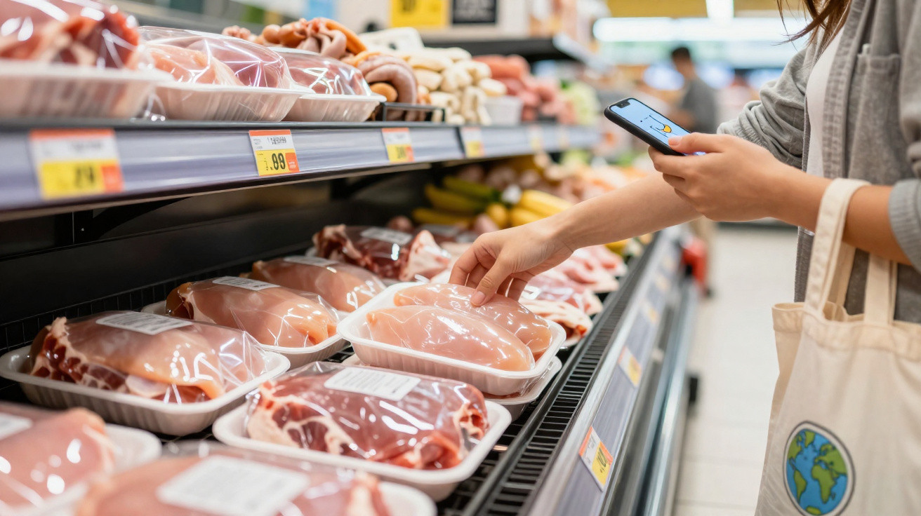 Person kauft verpacktes Hühnerfleisch im Supermarkt, hält Smartphone und trägt Stofftasche mit Erdmotiv.
