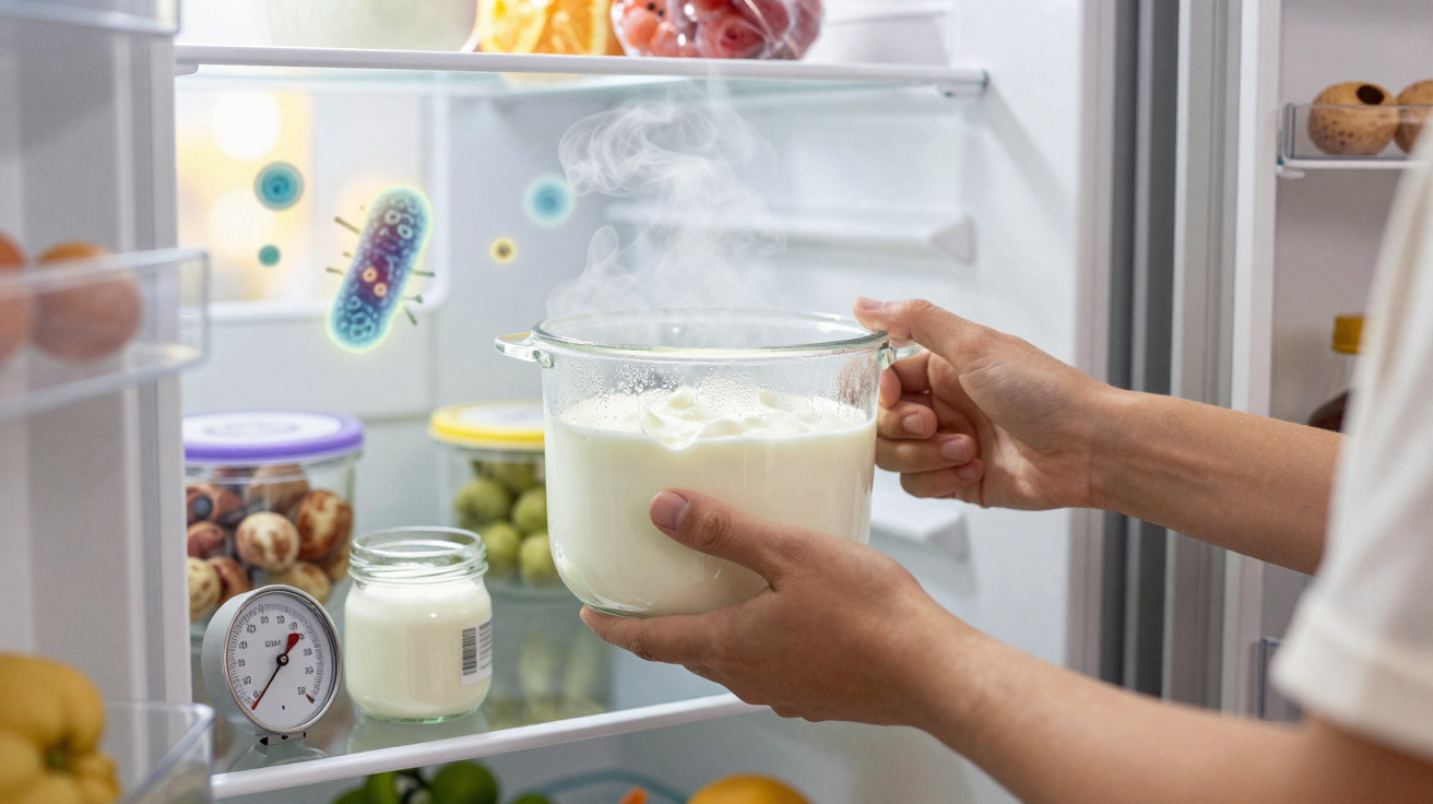 Dampfende Milch in Glasbehälter wird in Kühlschrank gestellt, Bakteriensymbole schweben im Hintergrund.