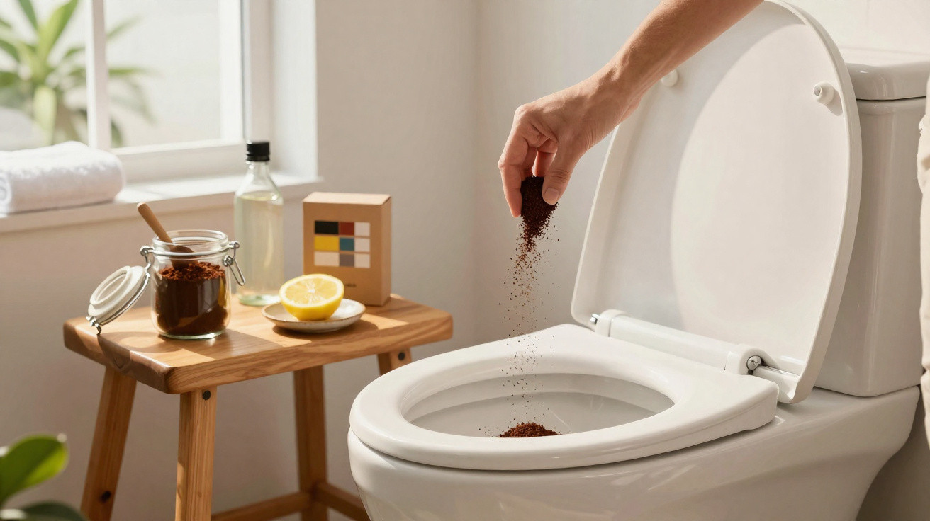 Hand streut Kaffeesatz in weißes WC, neben Holzbank mit Zitrone, Glasflasche und Kaffeeglas im Bad.