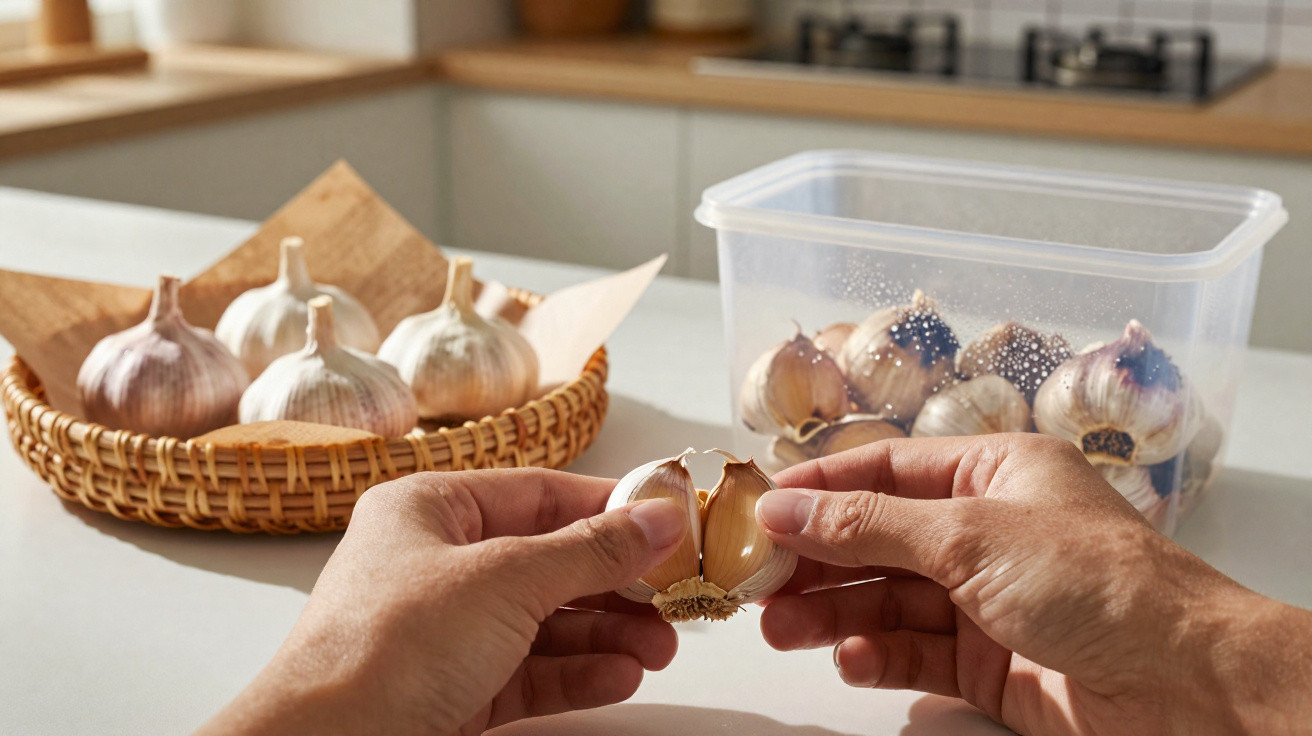 Hände, die eine Knoblauchknolle teilen, mit frischem und verschimmeltem Knoblauch in Körbchen und Plastikbox auf Tisch.