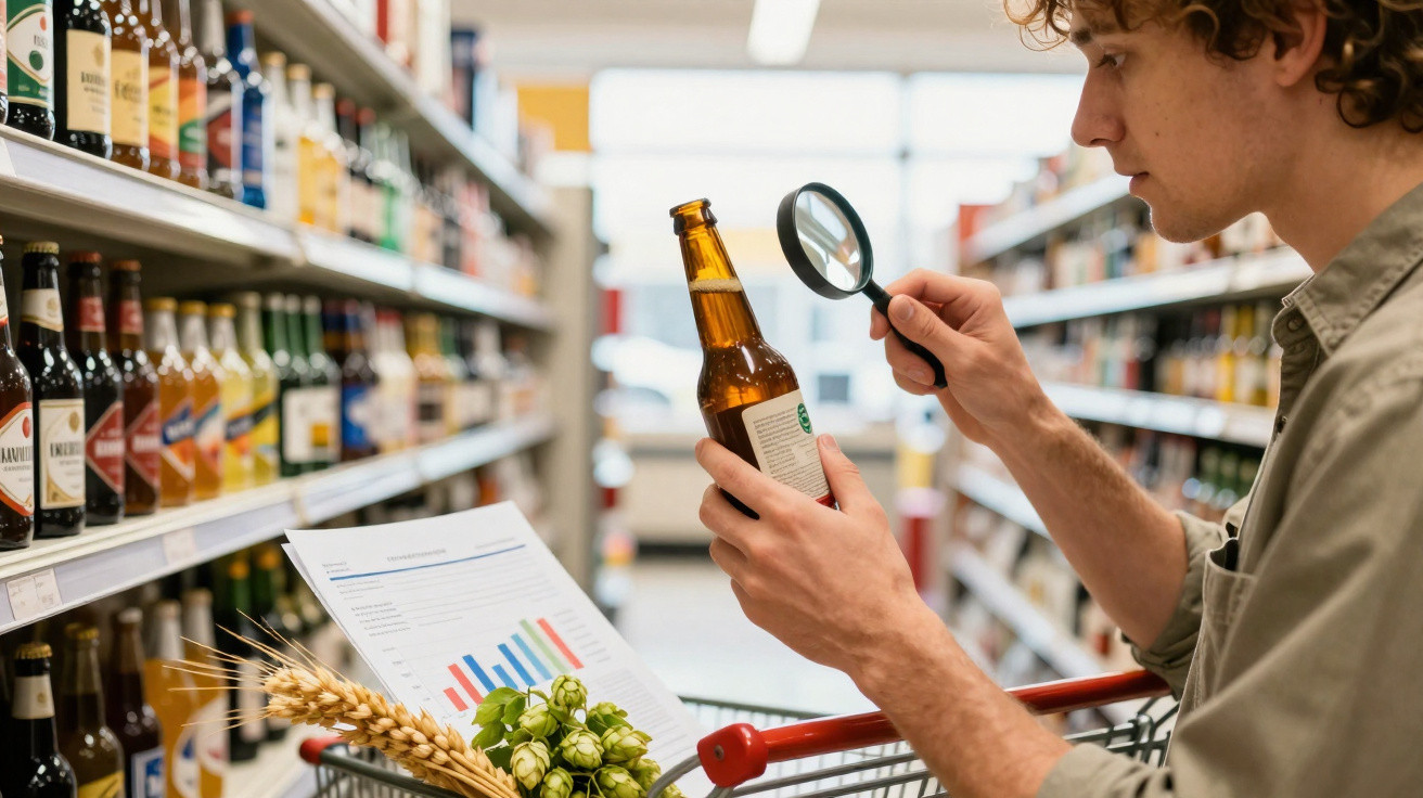 Junger Mann untersucht mit Lupe Etikett einer Bierflasche im Supermarktgang mit Einkaufswagen und Getreide.