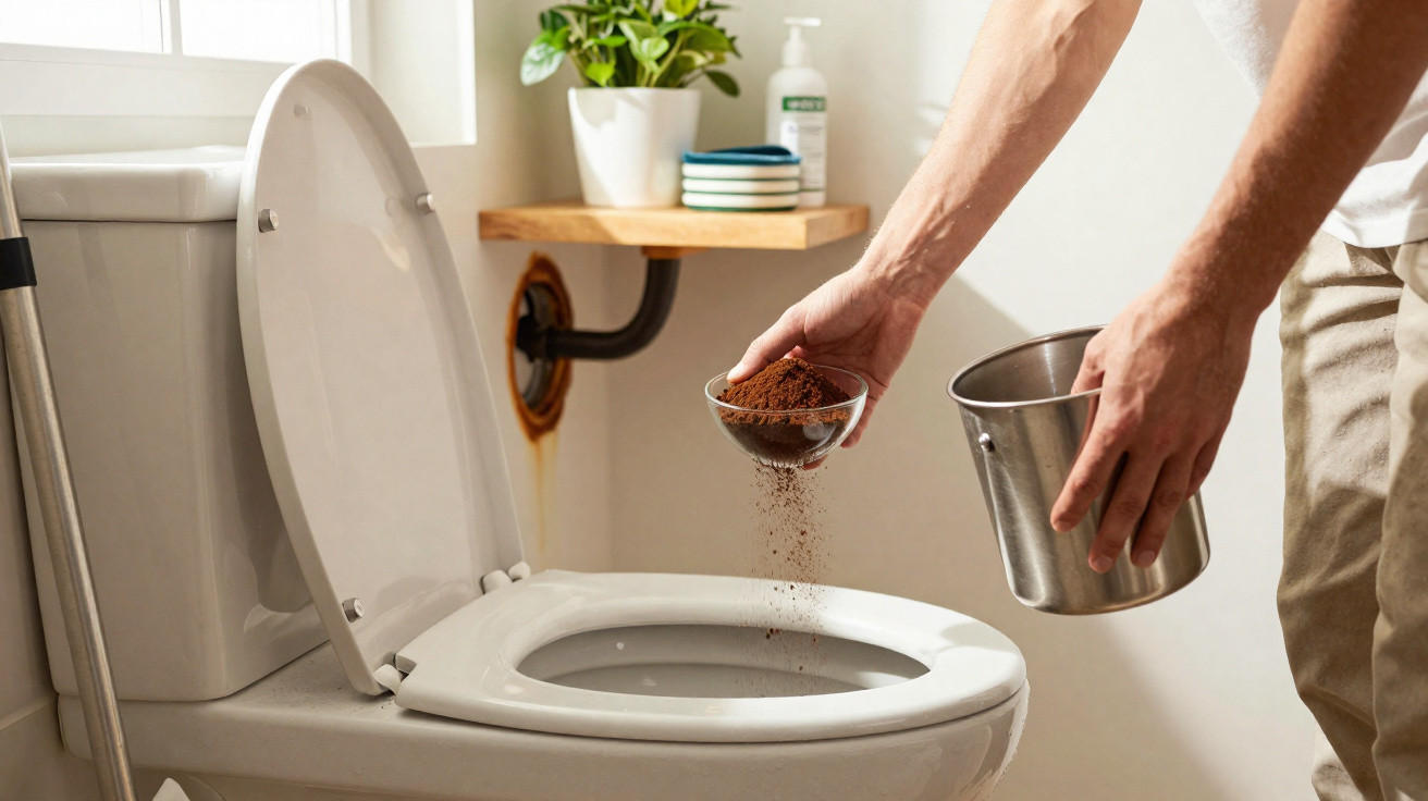 Person streut Kaffeepulver als Geruchsneutralisierer in die offene Toilette im Badezimmer.