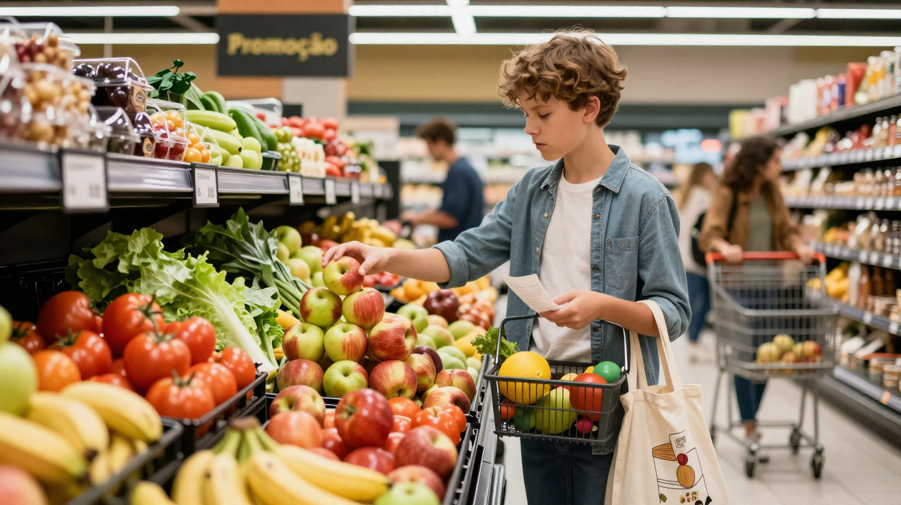 Junge mit Einkaufsliste wählt Äpfel im Supermarkt zwischen Obst und Gemüse aus.