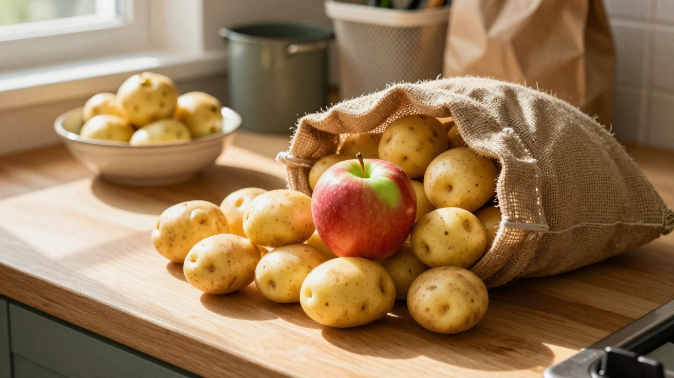 Ein Sack mit frischen Kartoffeln und ein roter Apfel auf einer Holzküche, Sonnenlicht fällt durchs Fenster.