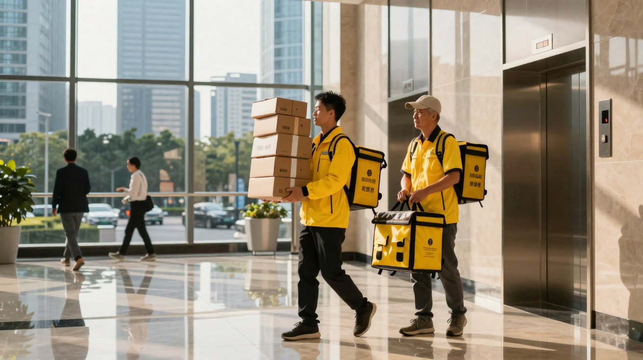 Zweizusteller in gelben Uniformen tragen Lieferpakete und Taschen in einem modernen Gebäude mit großem Fenster.